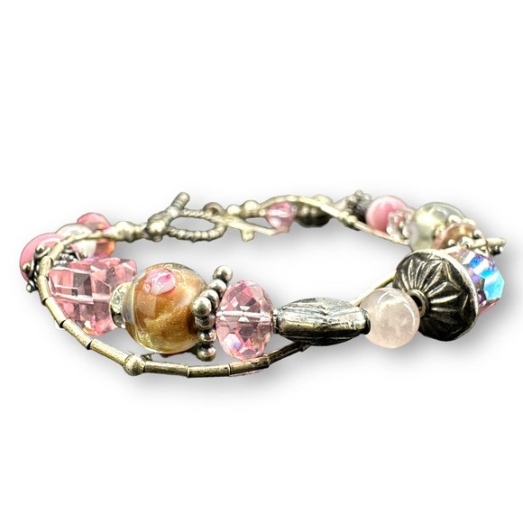 Sterling Silver Breast Cancer Awareness Bracelet Cat's Eye Glass Beads Toggle - Picture 5 of 7